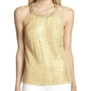 Lilly Pulitzer Corscia Metallic Gold Jacquard Silk Blend Beaded Top Womens SZ M